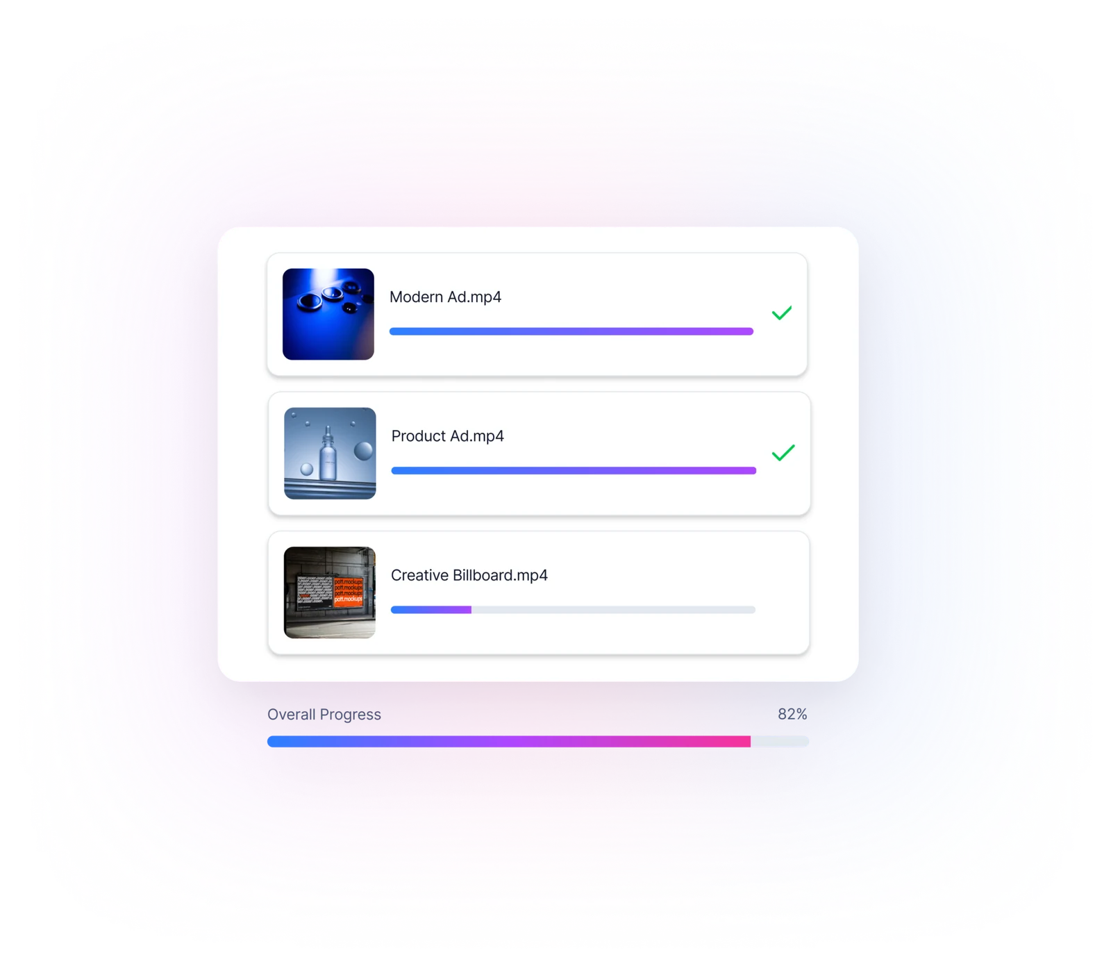 Batch upload with per-file progress and overall progress at 82%