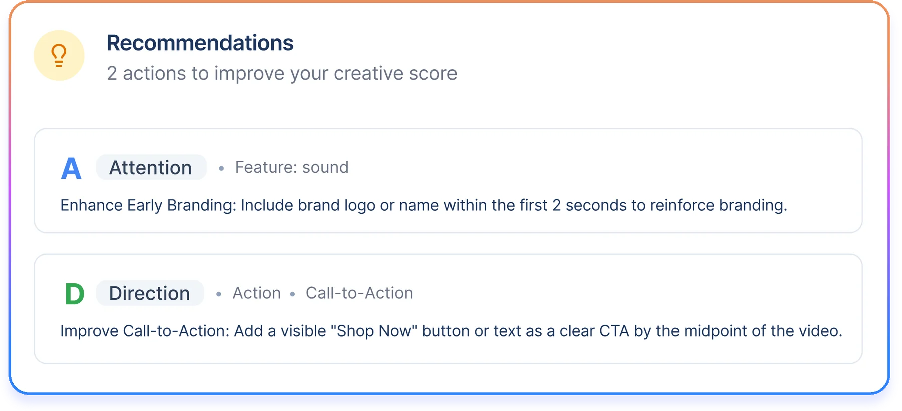 Recommendations card with two actions: enhance early branding and improve the call-to-action