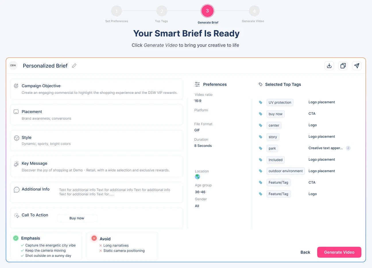 Smart Brief with campaign objective, placement, style, key message, call to action, emphasis and avoid lists
