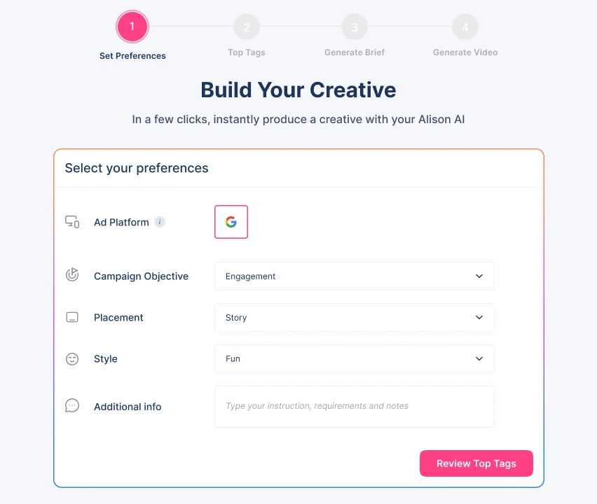 Set preferences step with ad platform, campaign objective, placement, style and additional info