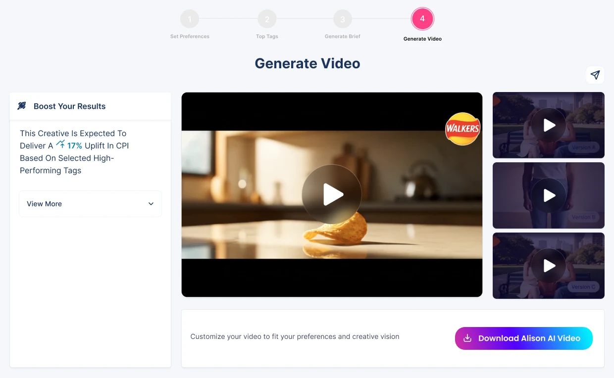 Generate Video step with a main branded video, three alternative versions and the expected 17% uplift