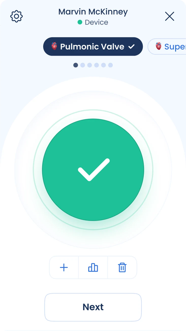 App screen confirming a successful pulmonic valve reading with a large green check