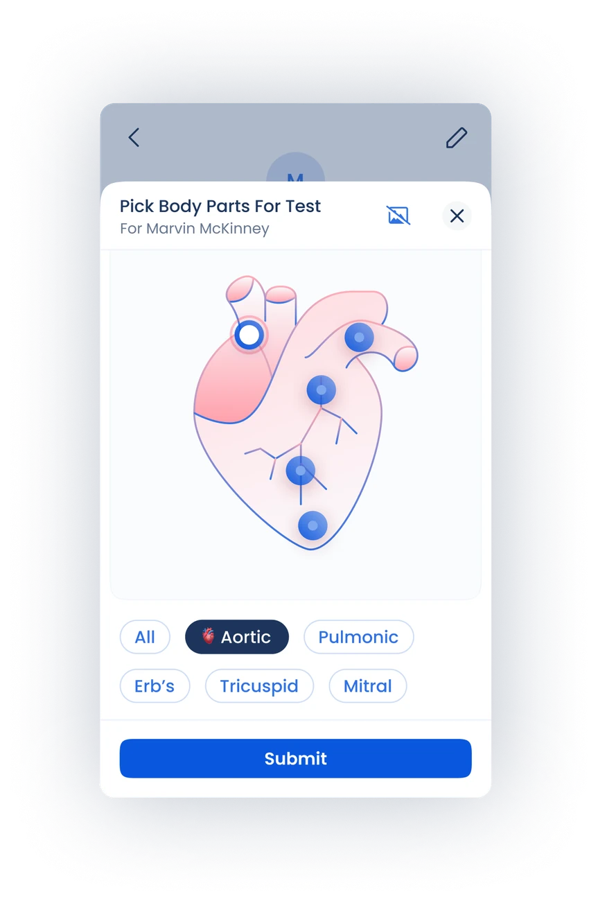 App screen for picking a point on the heart to measure: aortic, pulmonic, Erb's, tricuspid or mitral