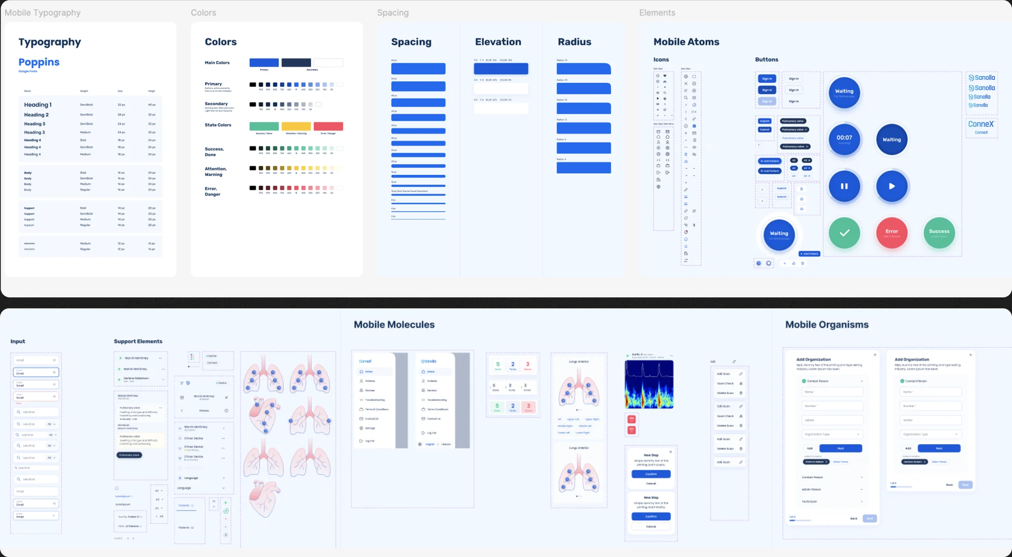 Vectorious design system: typography, colors, spacing, elevation, radius, mobile atoms, molecules and organisms