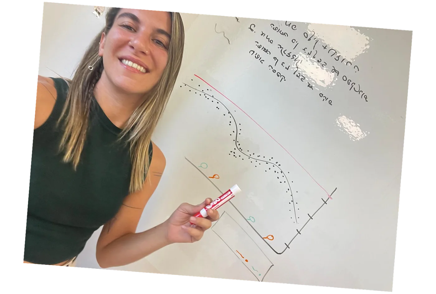 Raz sketching the pressure graph and alert markers on a whiteboard